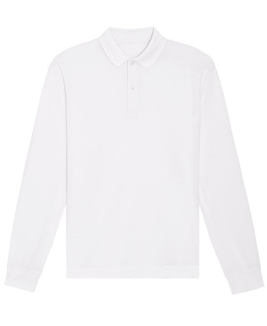 Sophisticated display of the unisex organic cotton long sleeve polo shirt in various sizes, emphasising its versatile and fashionable design.