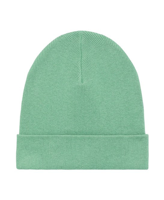 Luxury organic cotton and recycled polyester rib beanie in elegant shades, featuring a foldable brim for versatile styling, designed for unisex wear.