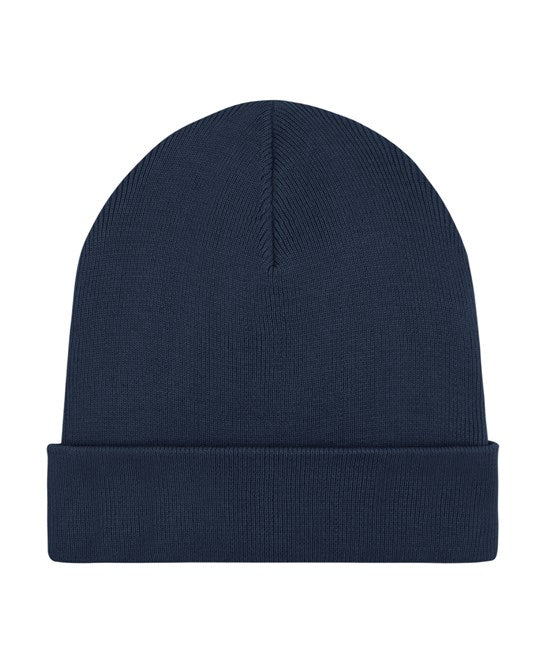 Close-up of a luxury ribbed beanie, crafted from organic cotton and recycled polyester, showcasing its soft texture and stylish foldable brim.