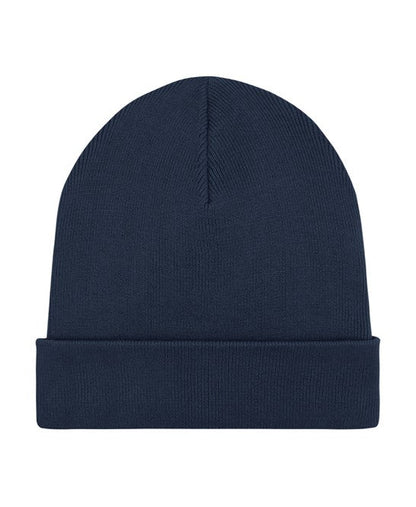 Close-up of a luxury ribbed beanie, crafted from organic cotton and recycled polyester, showcasing its soft texture and stylish foldable brim.