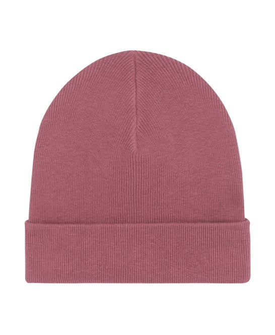Flat lay of luxury rib beanie made from sustainable organic cotton and recycled polyester, highlighting its rich colours and unisex design.