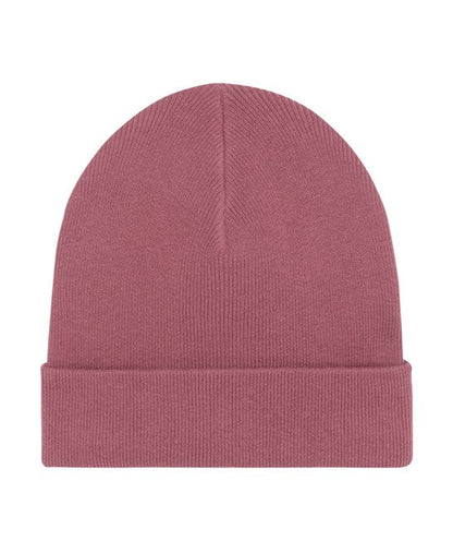 Flat lay of luxury rib beanie made from sustainable organic cotton and recycled polyester, highlighting its rich colours and unisex design.