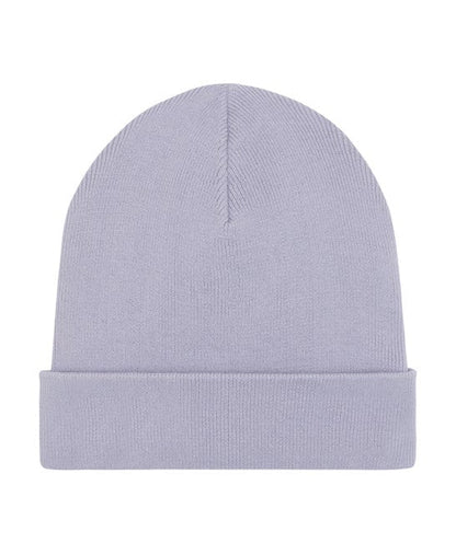 Stylish luxury ribbed beanie with a foldable brim, made from organic cotton and recycled polyester, displayed against a premium backdrop for a sophisticated look.
