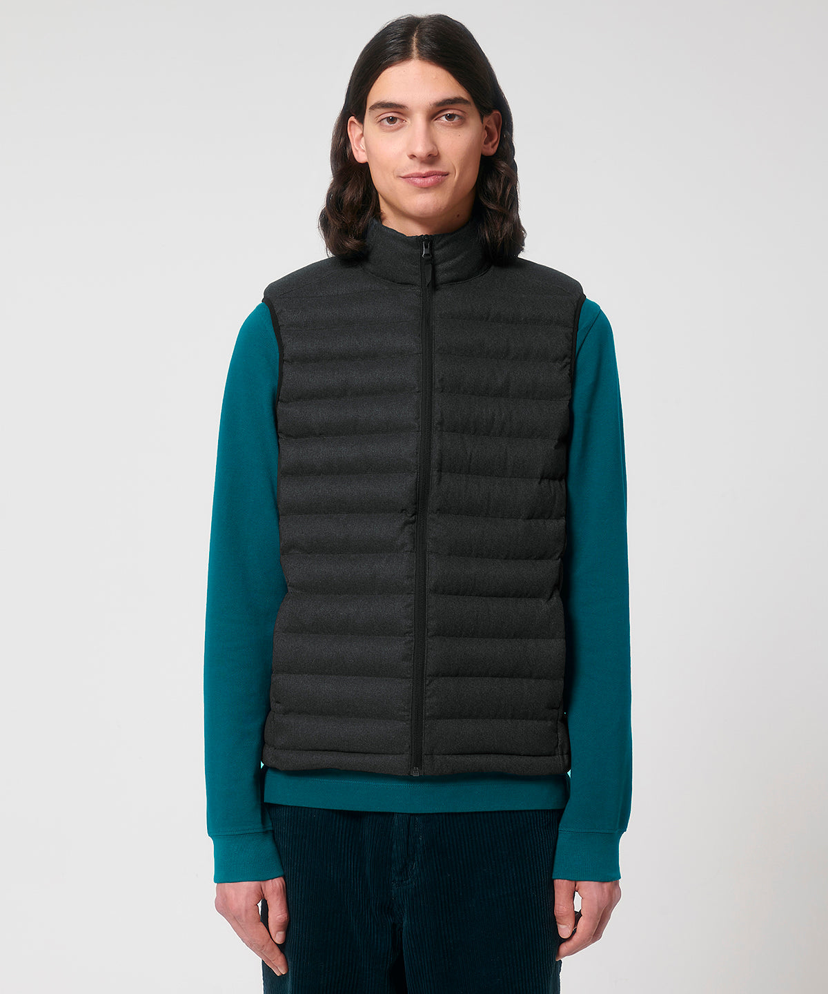 The sleek silhouette of the sustainable bodywarmer, perfect for keeping warm in style during colder months.