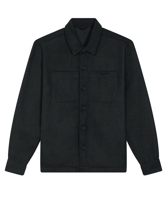 Close-up of the eco-friendly recycled overshirt jacket, highlighting its premium craftsmanship and stylish versatility.
