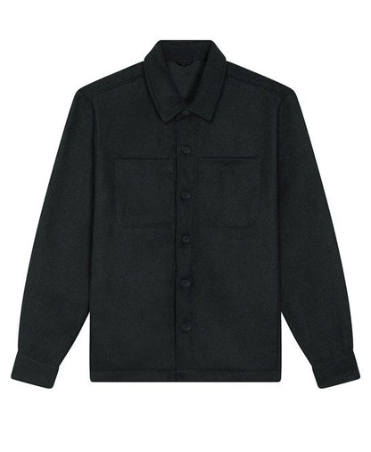 Close-up of the eco-friendly recycled overshirt jacket, highlighting its premium craftsmanship and stylish versatility.