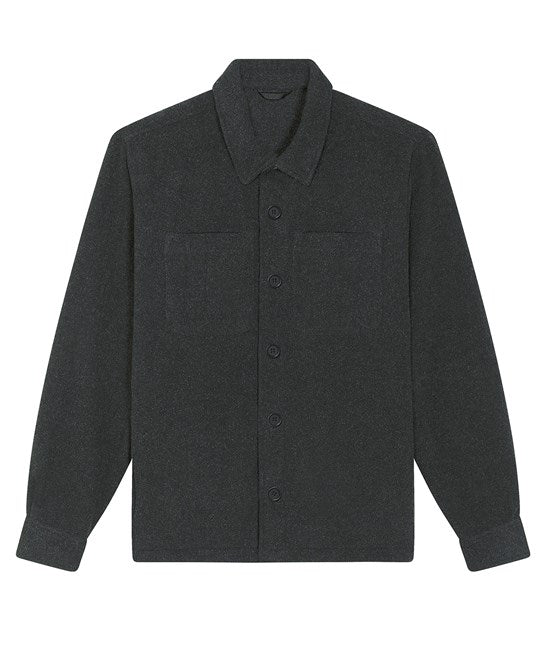 Elegant unisex eco-friendly overshirt jacket showcasing sustainable fashion, perfect for layering in any sophisticated wardrobe.