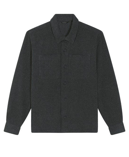 Elegant unisex eco-friendly overshirt jacket showcasing sustainable fashion, perfect for layering in any sophisticated wardrobe.