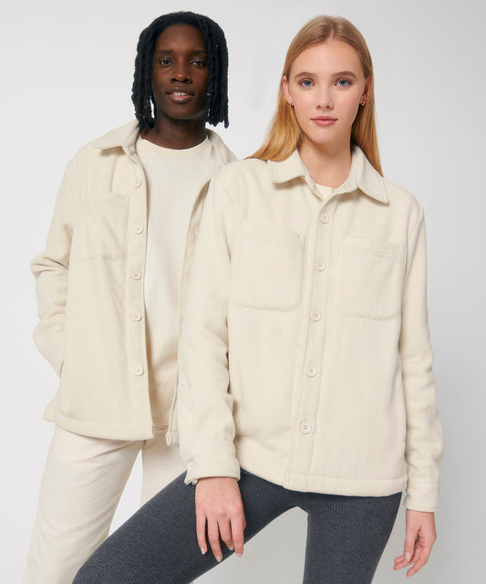 Eco-friendly recycled overshirt jacket showcasing unisex style and luxurious warmth in a contemporary setting.