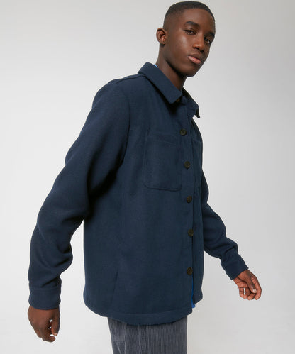 Stylish unisex overshirt jacket made from recycled materials, illustrated with rich textures and sophisticated design.