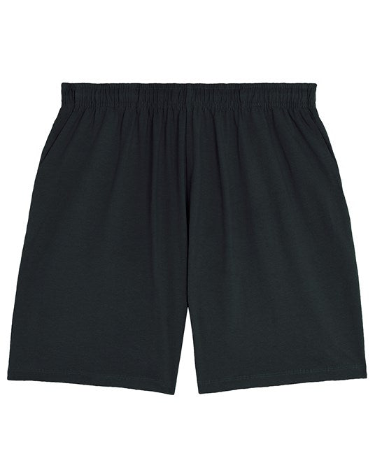 Detail of the self-fabric elastic waistband of unisex jogger shorts, emphasizing luxury feel and hidden drawcords for a perfect fit.