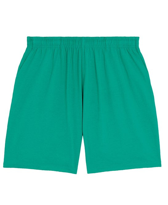 Detailed view of unisex organic cotton jogger shorts showcasing hidden flat drawcords and back patch pockets, ideal for comfort and style.