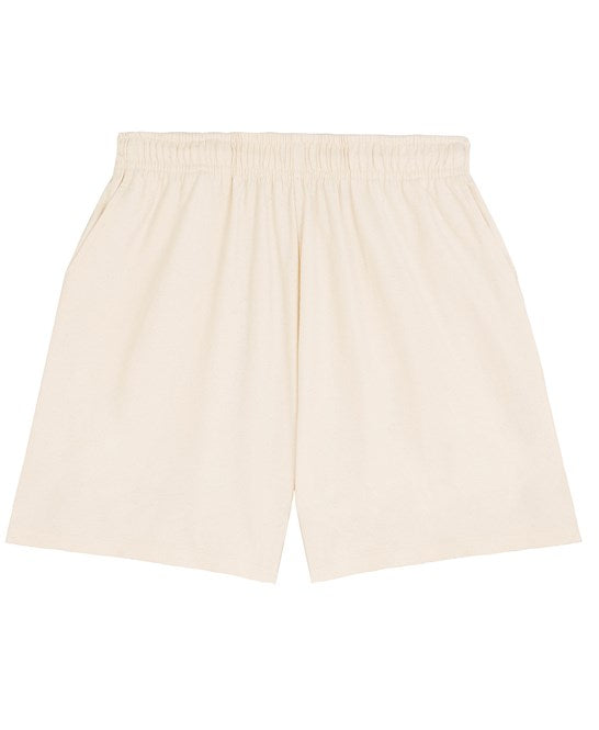 Elegant unisex luxury organic cotton jogger shorts featuring a comfortable elastic waistband and practical pockets, perfect for casual chic looks.