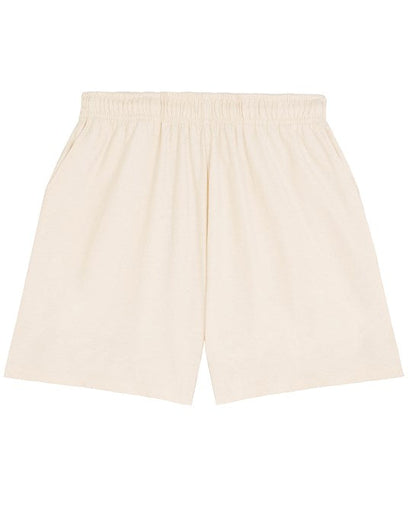 Elegant unisex luxury organic cotton jogger shorts featuring a comfortable elastic waistband and practical pockets, perfect for casual chic looks.