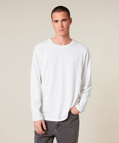 Men wearing the luxury organic cotton long sleeve t-shirt in a casual setting, demonstrating its comfortable fit and stylish appearance.