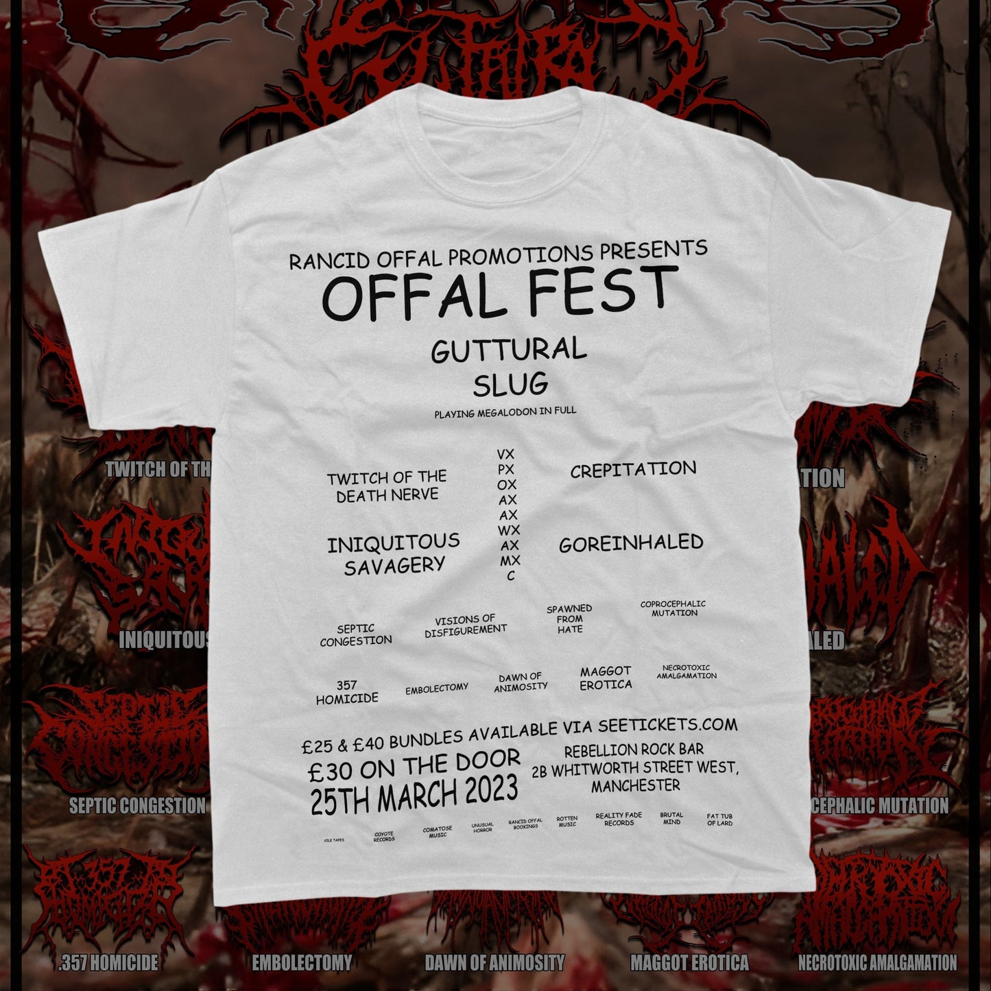 Luxurious Boneless Offal Fest T-Shirt by Rancid Offal Records featuring a stylish and easy-to-read logo, perfect for fashion-forward fans.