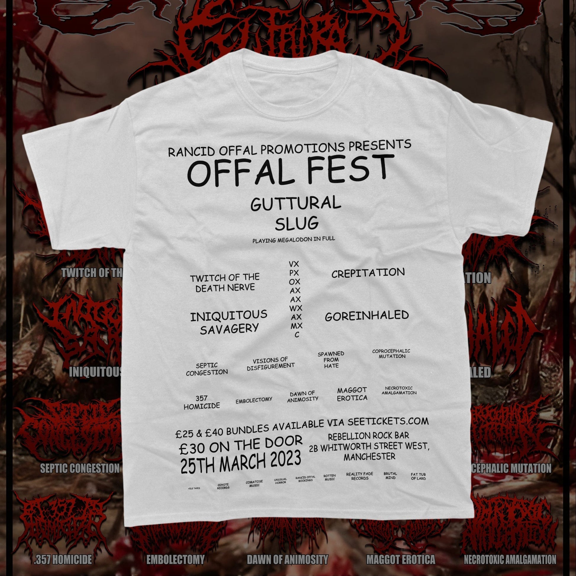 Luxurious Boneless Offal Fest T-Shirt by Rancid Offal Records featuring a stylish and easy-to-read logo, perfect for fashion-forward fans.