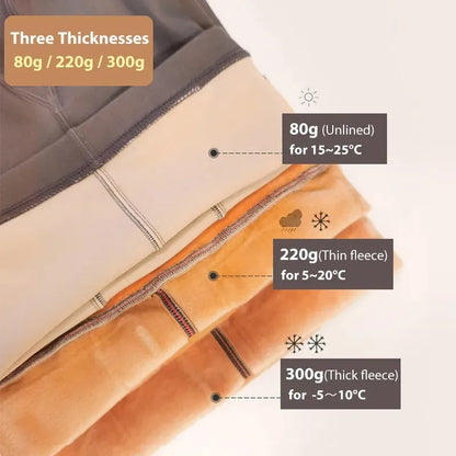 Display of the three thickness variations - 80g, 220g, and 300g - of the Women's Insulated Translucent Fleece Tights, designed for customizable warmth.
