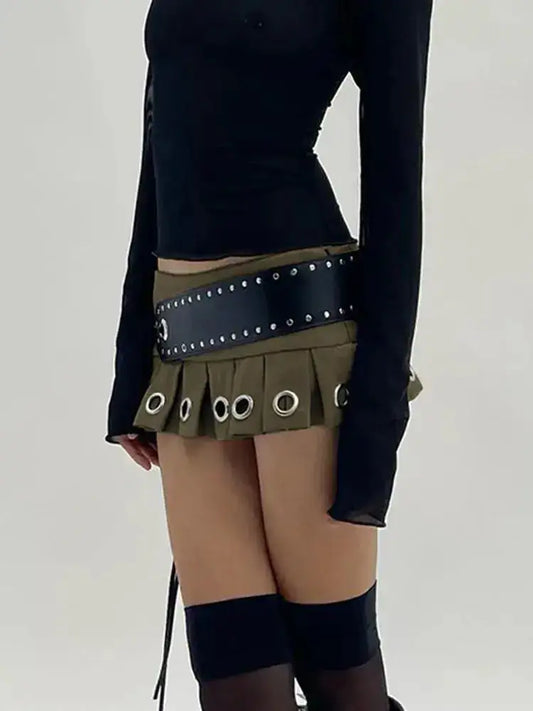 Elegant side view of the Chic Women's Mini Pleated Skirt with PU Belt, highlighting its unique design with eyelets and a fashionable silhouette.