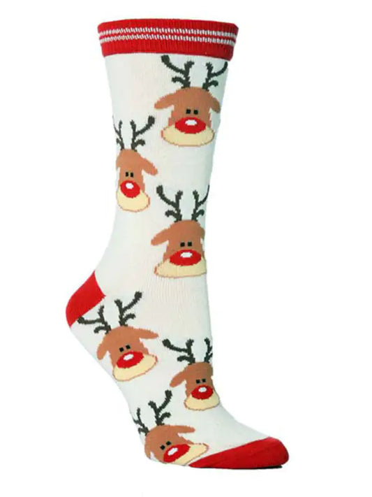 Elegant Women's Rudolph the Reindeer Christmas Color Mid Tube Cotton Socks showcased in a stylish position, adorned with charming reindeer faces, ideal for festive occasions.