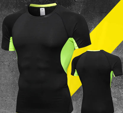 Sophisticated men's black and green compression shirt, showcasing a dynamic design with breathable mesh, perfect for athletic endeavours.
