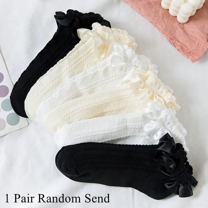 Fashion-forward Lolita Style Women's Frilled Socks from Dazzling Dreams Studio, featuring luxurious black and white hues perfect for the Kawaii aesthetic.