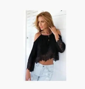 Sophisticated black lace chiffon blouse, showcasing an off-shoulder silhouette, perfect for a refined casual ensemble.