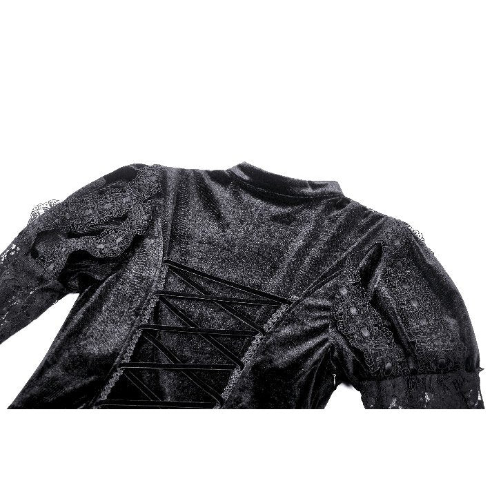 View of the Dark in Love Gothic Velvet Gown from the back, featuring delicate lace accents and a sultry design ideal for evening wear.