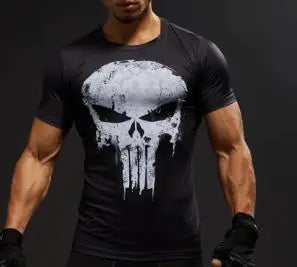 Stylish men's black 3D Avengers hero t-shirt featuring a striking Punisher skull design, crafted from advanced compression fabric for optimal comfort and fit, perfect for gym and casual wear.