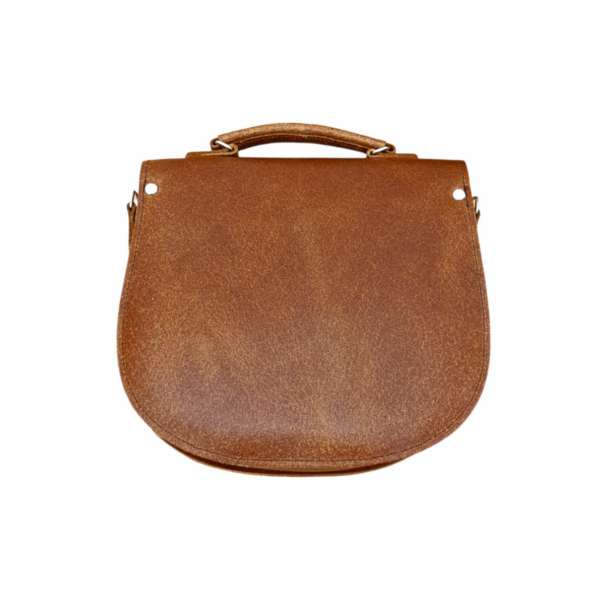 Stylish shoulder carry option of the handmade tan tannery leather saddle bag, demonstrating versatility with detachable leather strap for modern luxury.