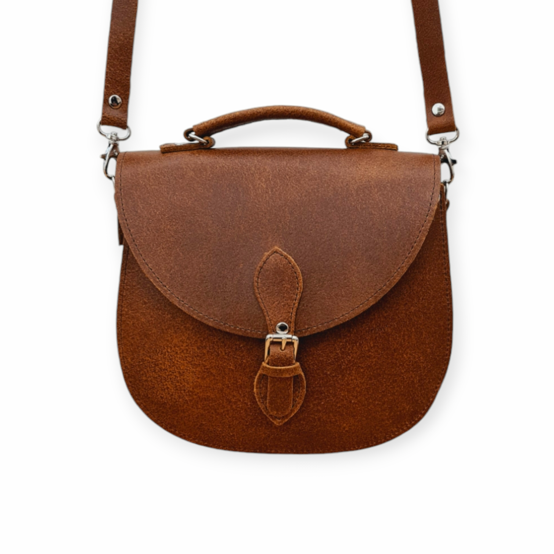 Exquisite Handmade Tan Tannery Leather Saddle Bag, showcasing premium quality craftsmanship with a stylish silver buckle and magnetic closure.