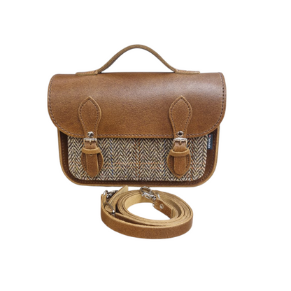 Handmade Midi Tannery Tan & Tweed Leather Satchel with adjustable strap, showcasing luxury craftsmanship and a unique vintage design.