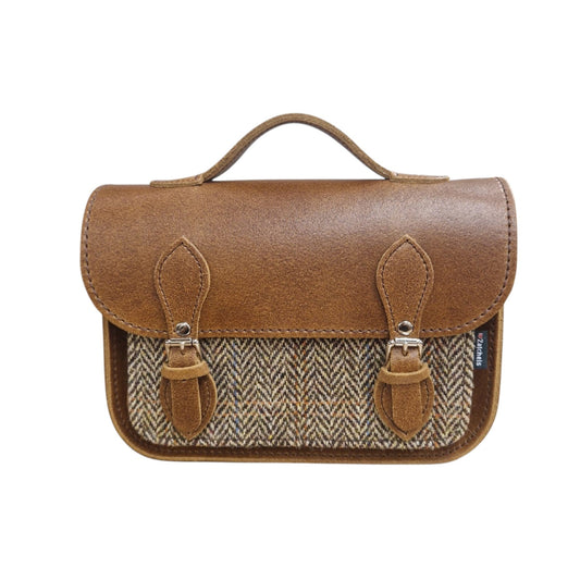 Handmade Midi Tannery Tan & Tweed Leather Satchel showcasing exquisite craftsmanship with a luxurious combination of soft tan leather and classic black and white tweed, featuring an adjustable and detachable strap for versatile styling.