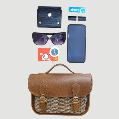 Artisan-crafted Handmade Midi Tannery Tan & Tweed Leather Satchel, exemplifying vintage style with internal organization for daily essentials.