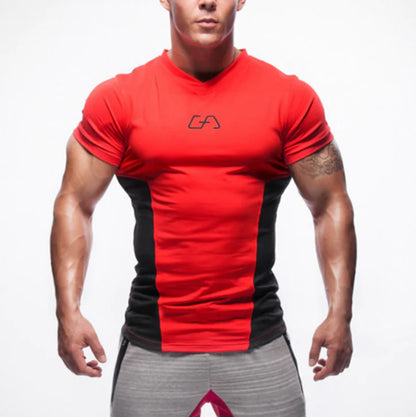Elegant red quick-dry compression T-shirt featuring a sleek V-neck cut, perfect for stylish workouts and casual training sessions.