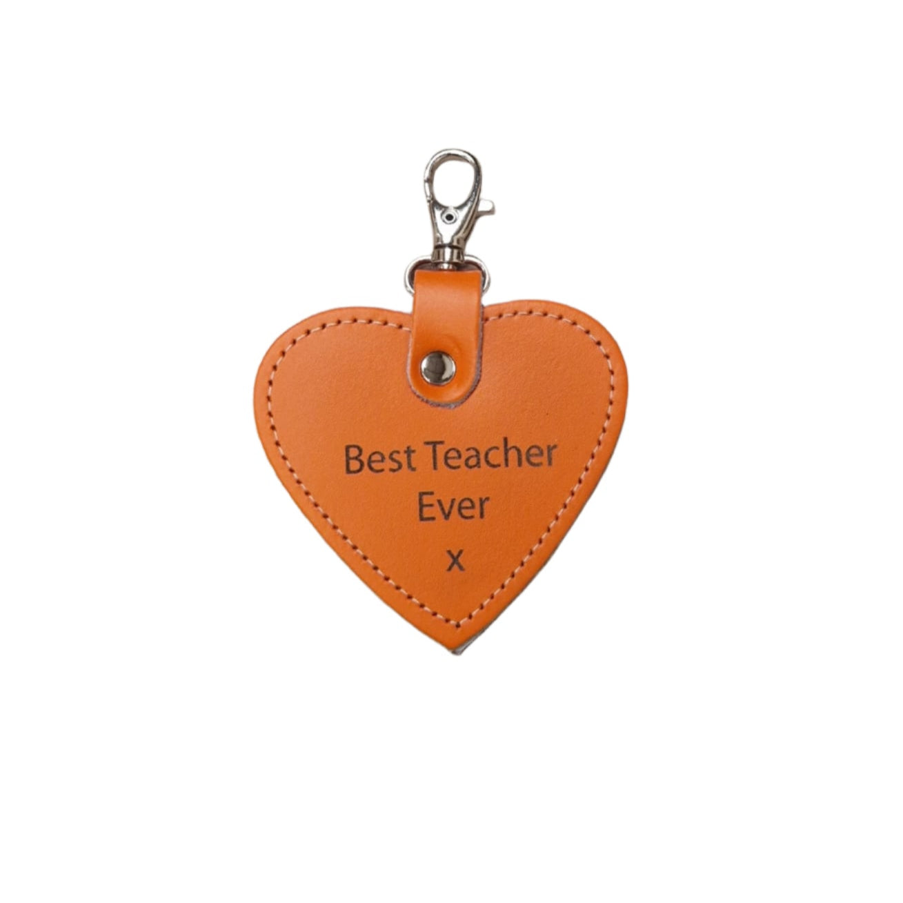 Personalised leather heart bag charm for teachers, showcasing custom engraving options and luxurious craftsmanship in assorted colours.