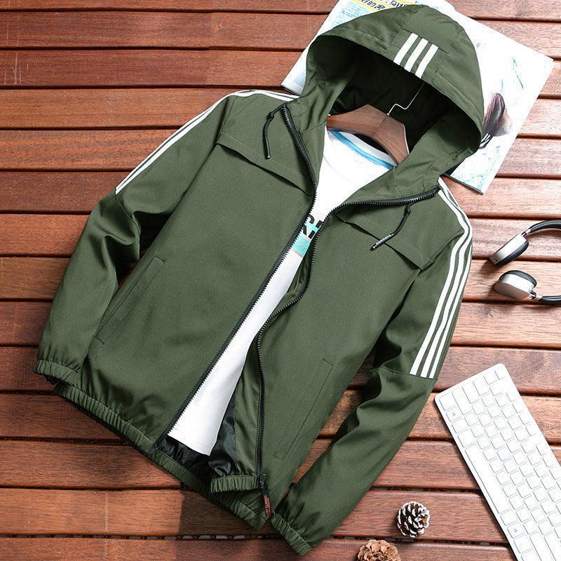 Stylish Army Green Three Stripe Hooded Windbreaker Jacket for Men, made from breathable and wear-resistant materials, perfect for every season.