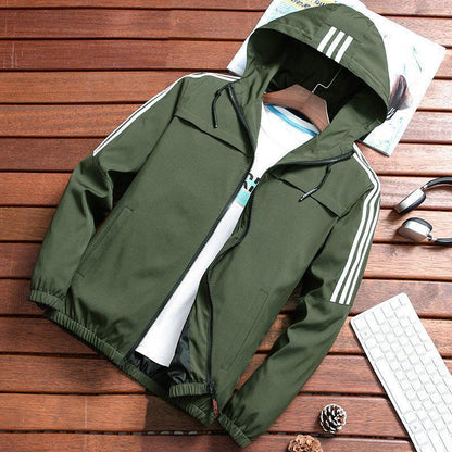 Stylish Army Green Three Stripe Hooded Windbreaker Jacket for Men, made from breathable and wear-resistant materials, perfect for every season.