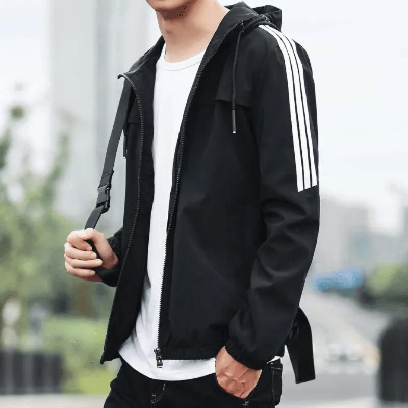 Sophisticated Three Stripe Hooded Windbreaker Jacket, showcasing water-resistant fabric with a modern, casual design suitable for men in sizes S-5XL.