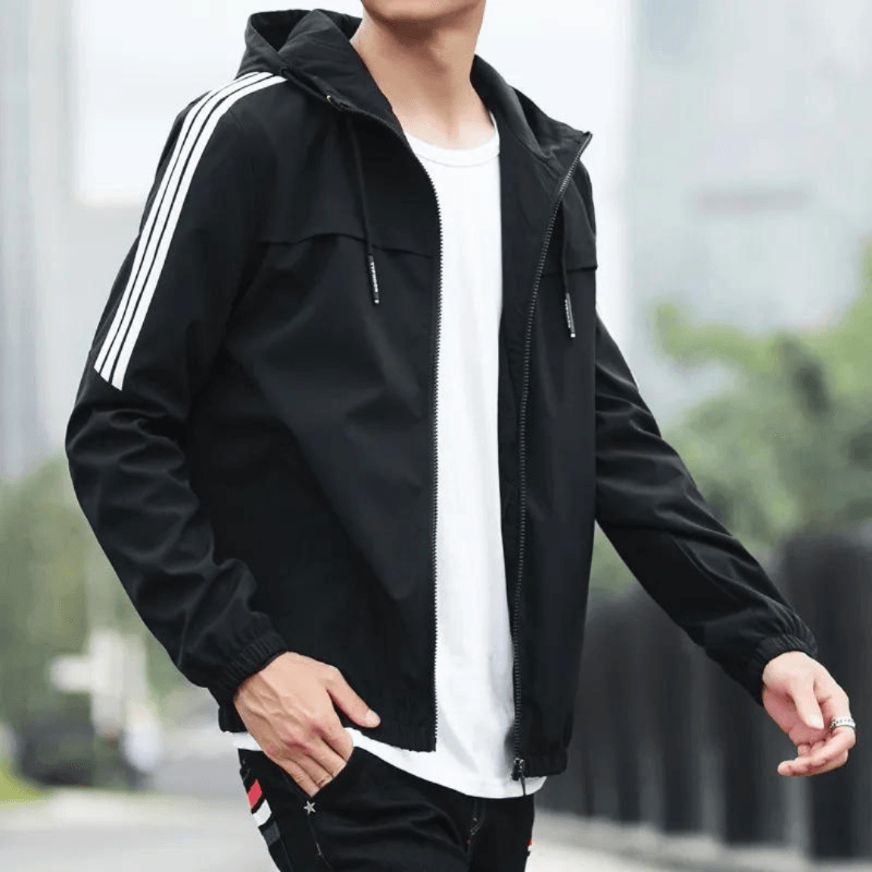 Elevate your style with the luxurious Three Stripe Hooded Windbreaker Jacket, designed for men, showcasing water-resistant fabric and casual elegance, available in sizes S-5XL.