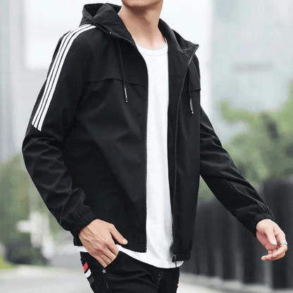 Elevate your style with the luxurious Three Stripe Hooded Windbreaker Jacket, designed for men, showcasing water-resistant fabric and casual elegance, available in sizes S-5XL.