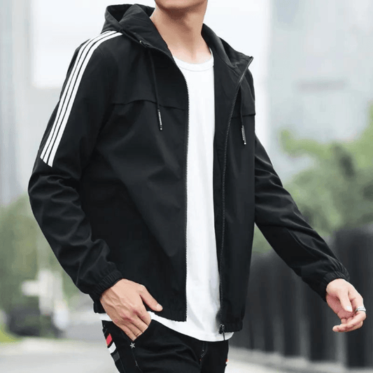 Elevate your style with the luxurious Three Stripe Hooded Windbreaker Jacket, designed for men, showcasing water-resistant fabric and casual elegance, available in sizes S-5XL.