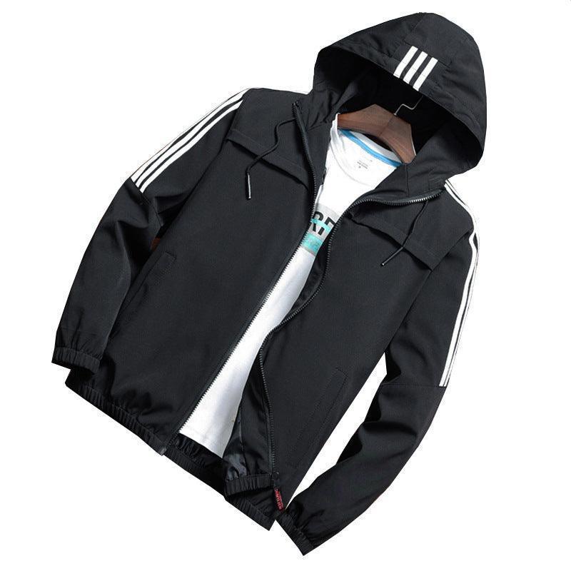 Elegant Three Stripe Hooded Windbreaker Jacket for Men, showcasing a water-resistant and casual style, available in various sizes from S to 5XL.
