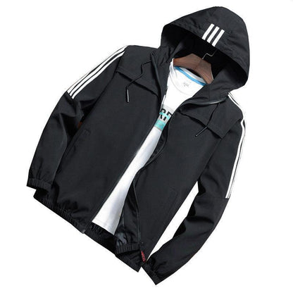 Elegant Three Stripe Hooded Windbreaker Jacket for Men, showcasing a water-resistant and casual style, available in various sizes from S to 5XL.