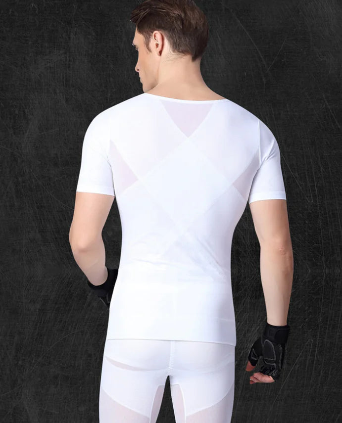 Back view of a luxurious white men's compression shirt, showcasing the sleek design and breathable material, perfect for enhancing body shape.