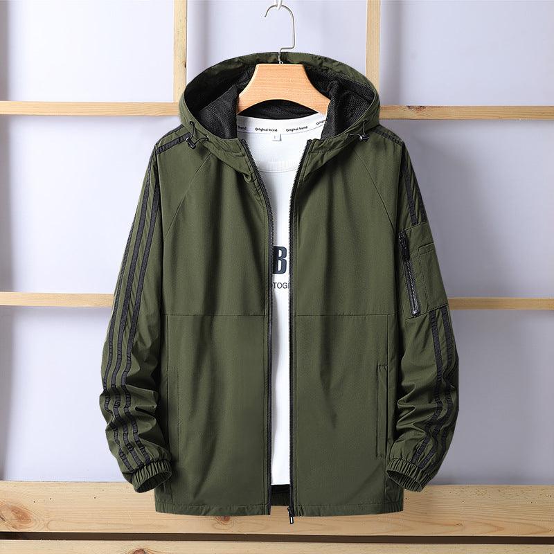 Sophisticated hooded windbreaker jacket for men, crafted from premium materials, exemplifying contemporary fashion with its breathable and wear-resistant properties.