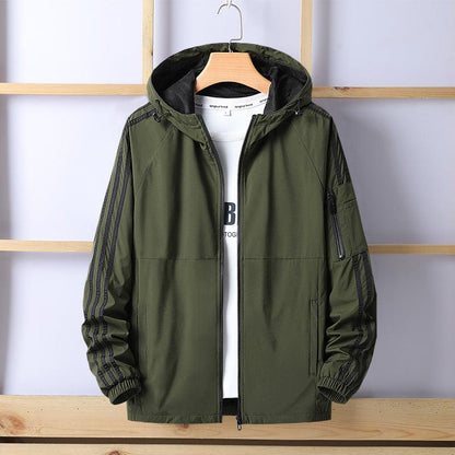 Sophisticated hooded windbreaker jacket for men, crafted from premium materials, exemplifying contemporary fashion with its breathable and wear-resistant properties.