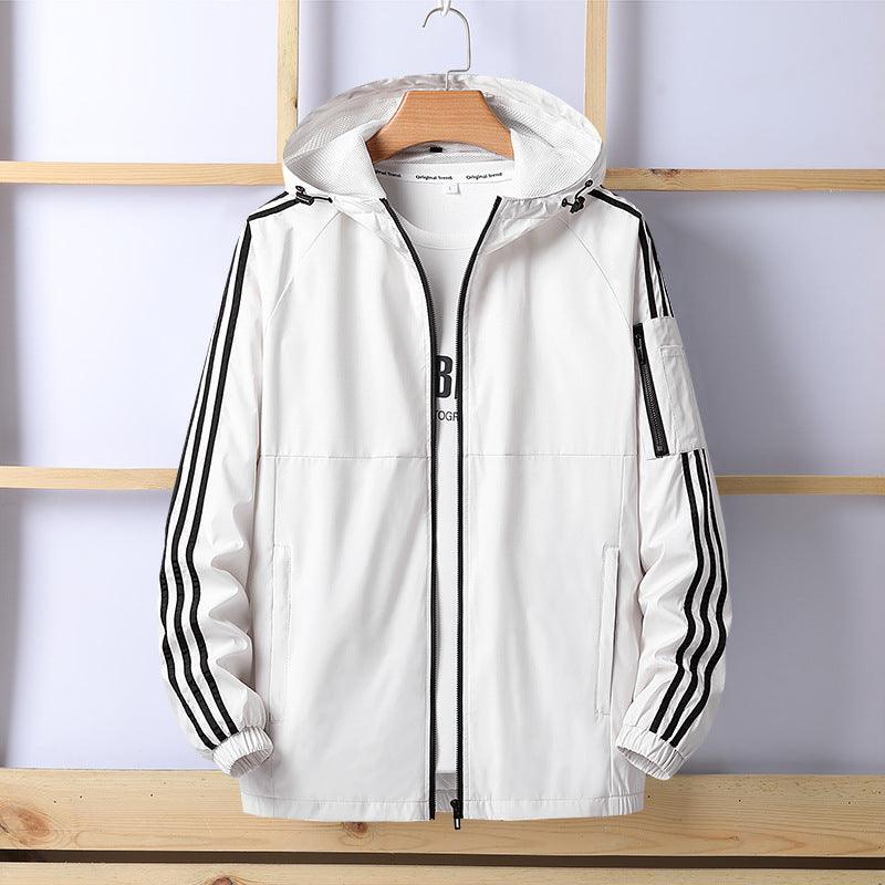 Luxurious men's trendy hooded windbreaker jacket in a casual sporty style, showcasing lightweight, rainproof features, perfect for all seasonal occasions.