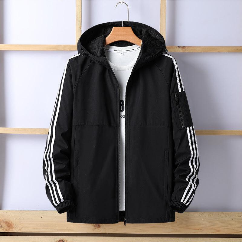 Elegant display of a stylish lightweight windbreaker jacket for men, highlighting its impeccable design, ideal for casual outings and sports activities, available in various sizes.