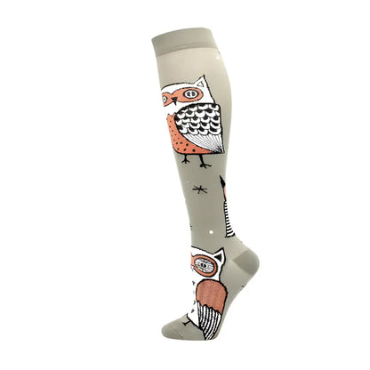 Women's Knee Length Compression Travel Socks showcasing whimsical owl graphics, designed for comfort, style, and effective circulation support while travelling.